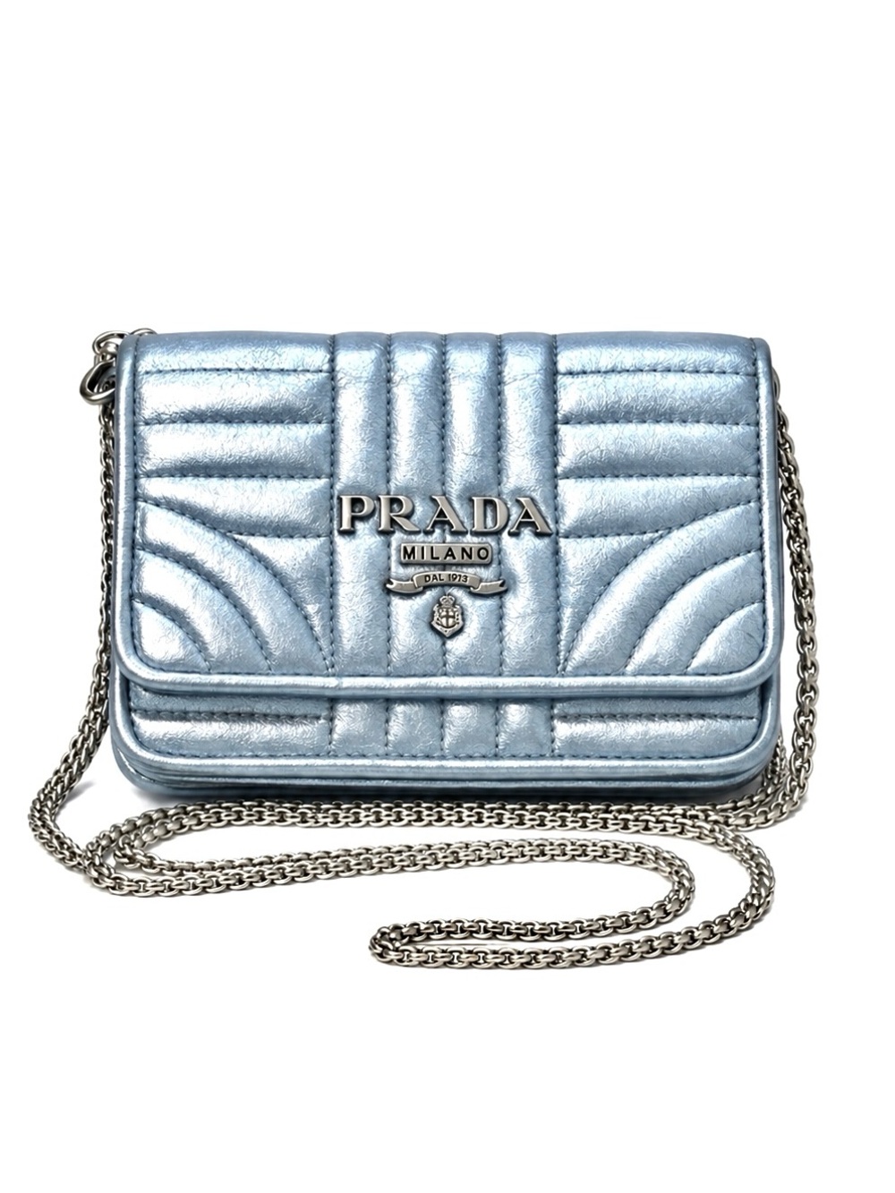 Prada Diagramme Light Blue Metallic Lambskin Leather Clutch Wallet On Chain